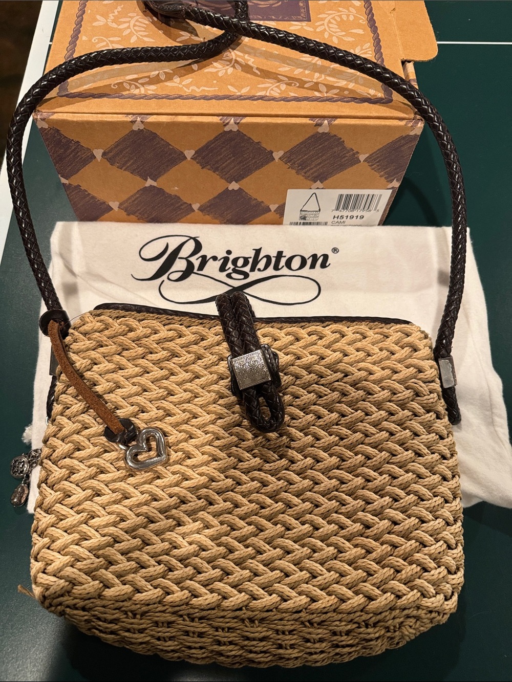 Brighton Natural Straw Crossbody with Dark Brown Braided Leather